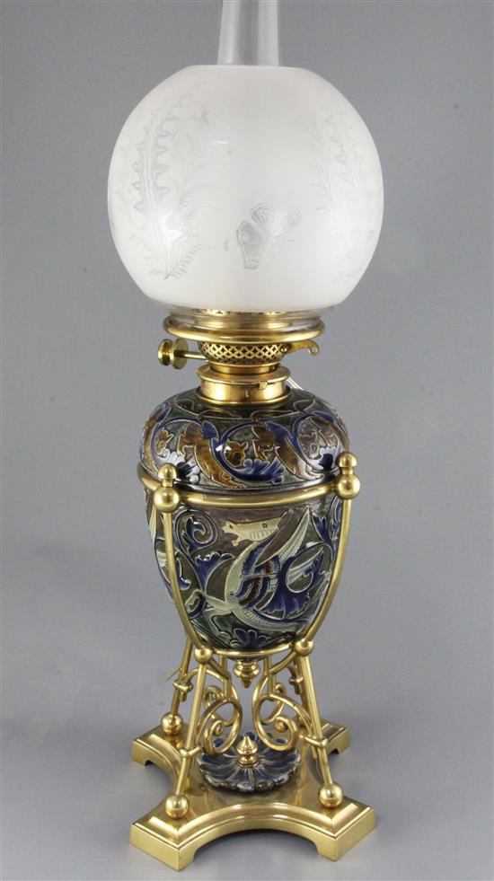 Mark V. Marshall for Doulton Lambeth- a stoneware oil lamp circa 1882, height to oil lamp fitting 42cm, excluding glass shade and chimn